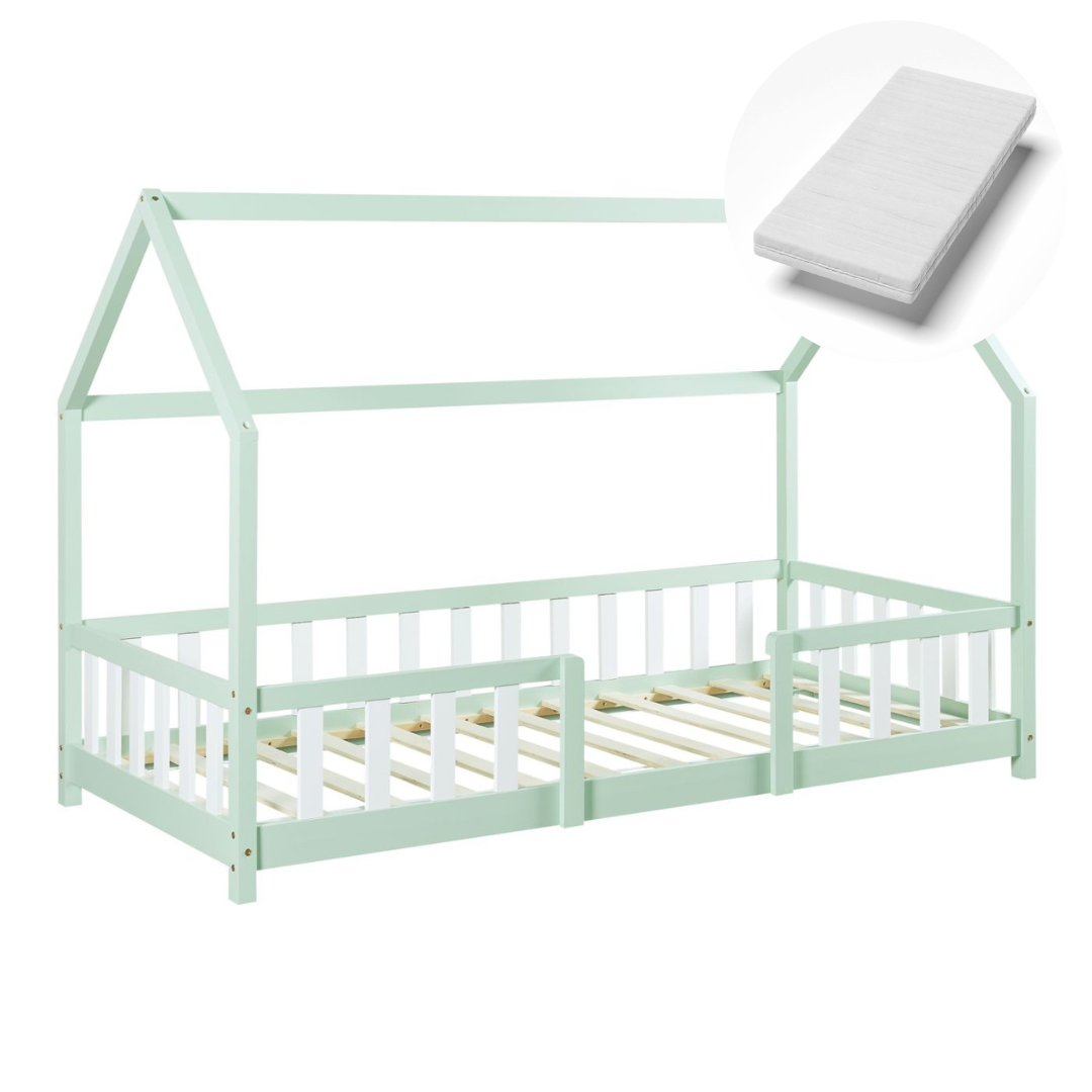 Lit cabane avec barrière + matelas - 90x200cm - Vert &amp; Blanc