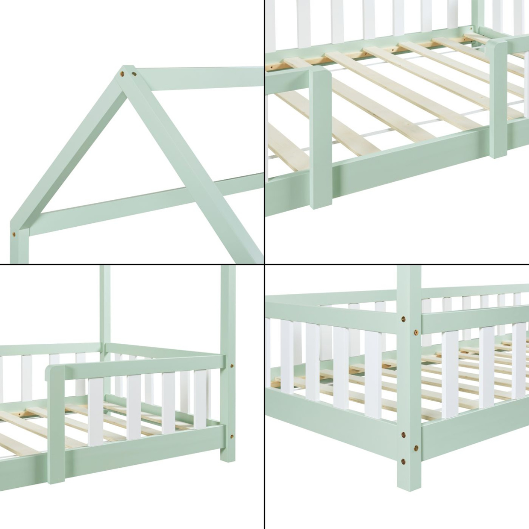 Lit cabane avec barrière + matelas - 90x200cm - Vert &amp; Blanc