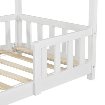 Lit cabane avec barrière + matelas 70x140cm - Blanc