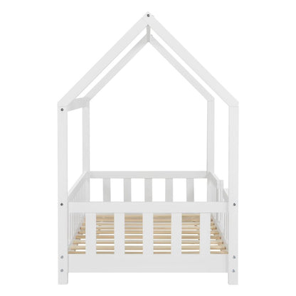 Lit cabane avec barrière + matelas 70x140cm - Blanc