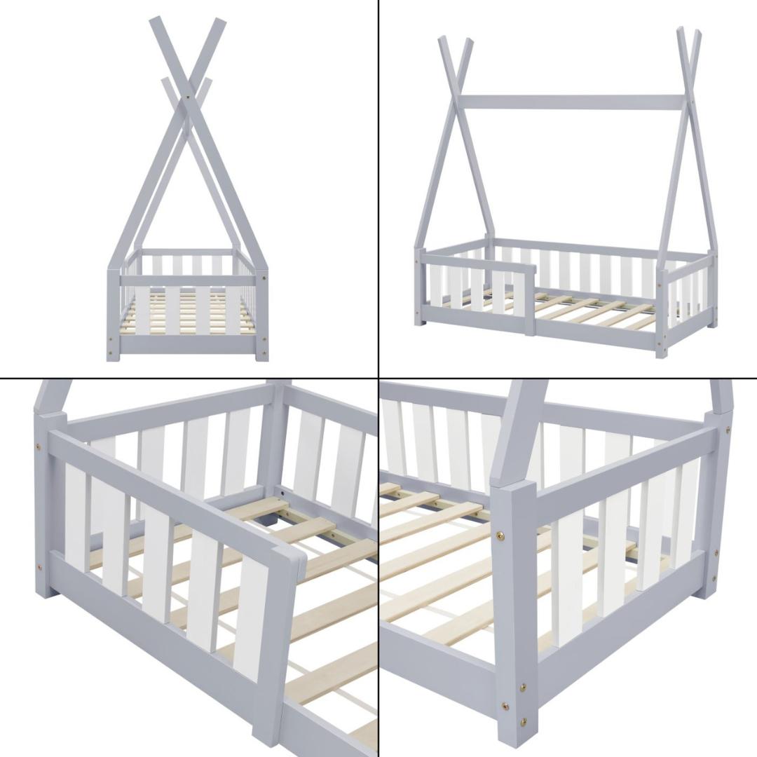 Lit tipi 70x140cm avec barrière et matelas - Gris &amp; blanc