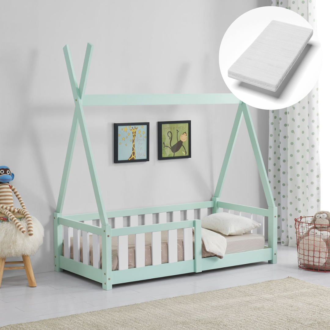 Tipi bed 70x140cm met barrière en matras - Groen & wit