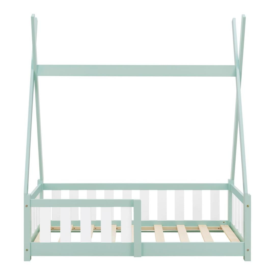 Lit tipi 70x140cm avec barrière et matelas - Vert &amp; blanc