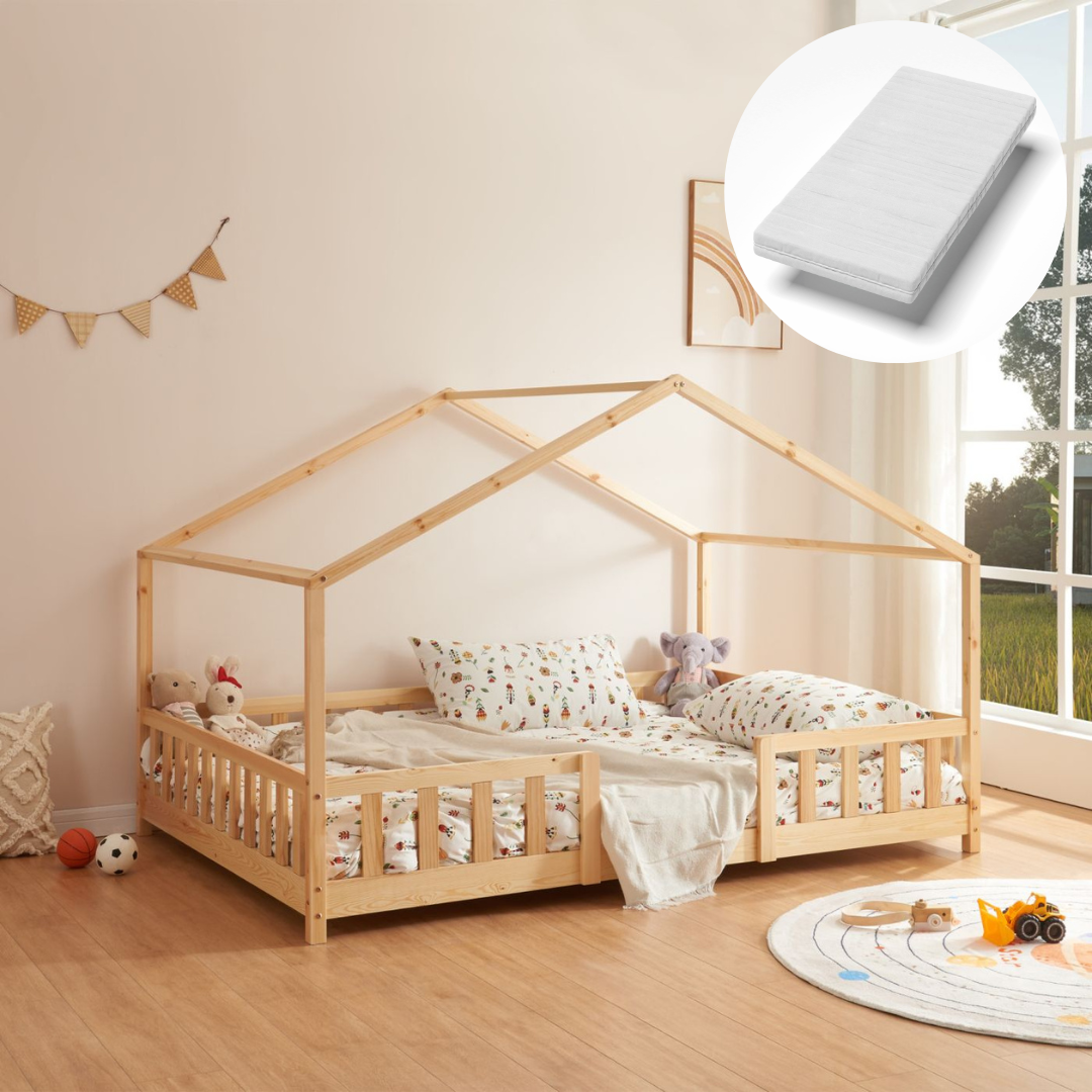Lit cabane avec barrière et matelas 70x140cm - Bois naturel