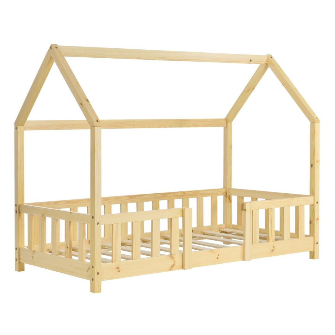 Lit cabane en bois naturel avec barrière amovible + matelas - 80x160cm