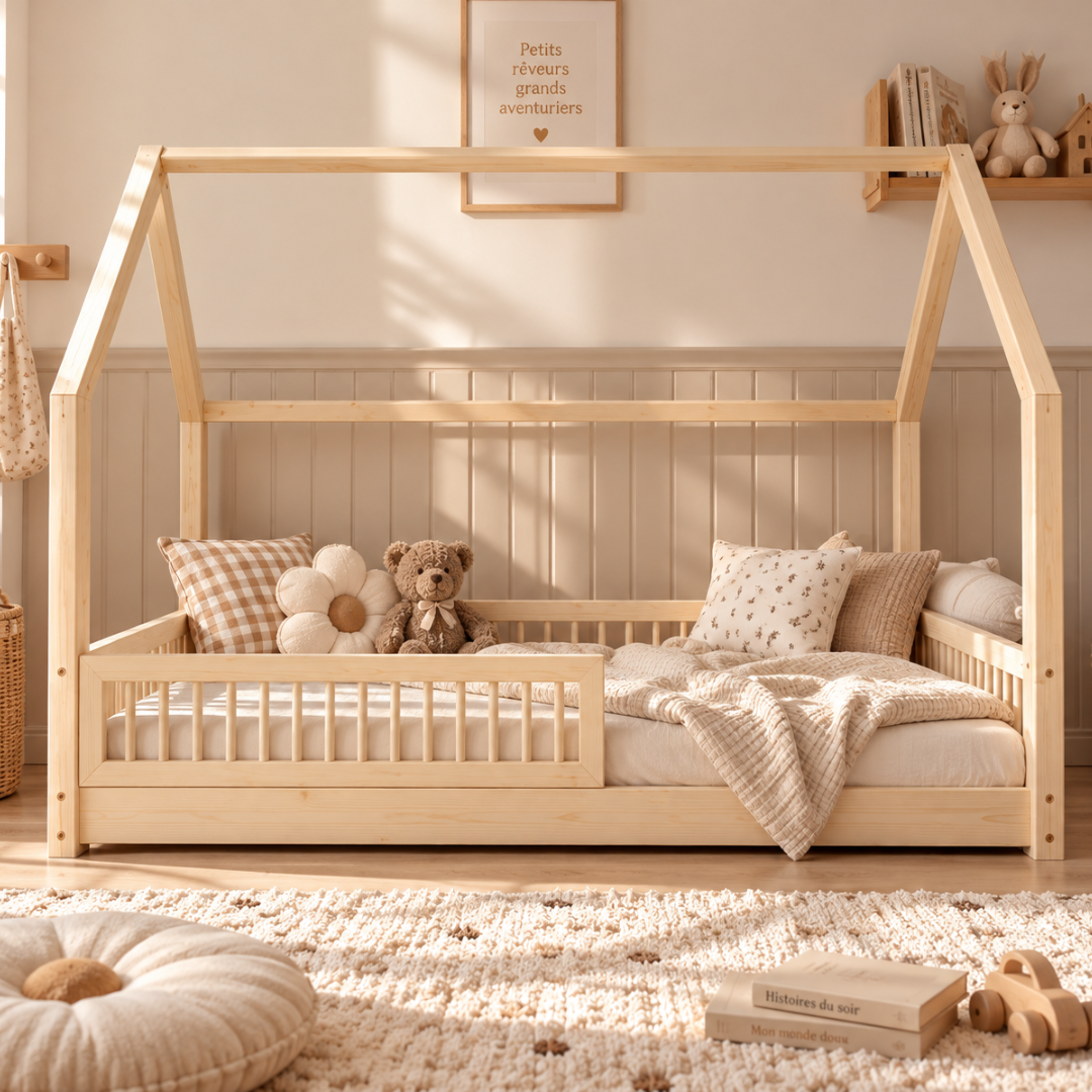 Lit cabane Montessori avec barrière Pia 90x190cm