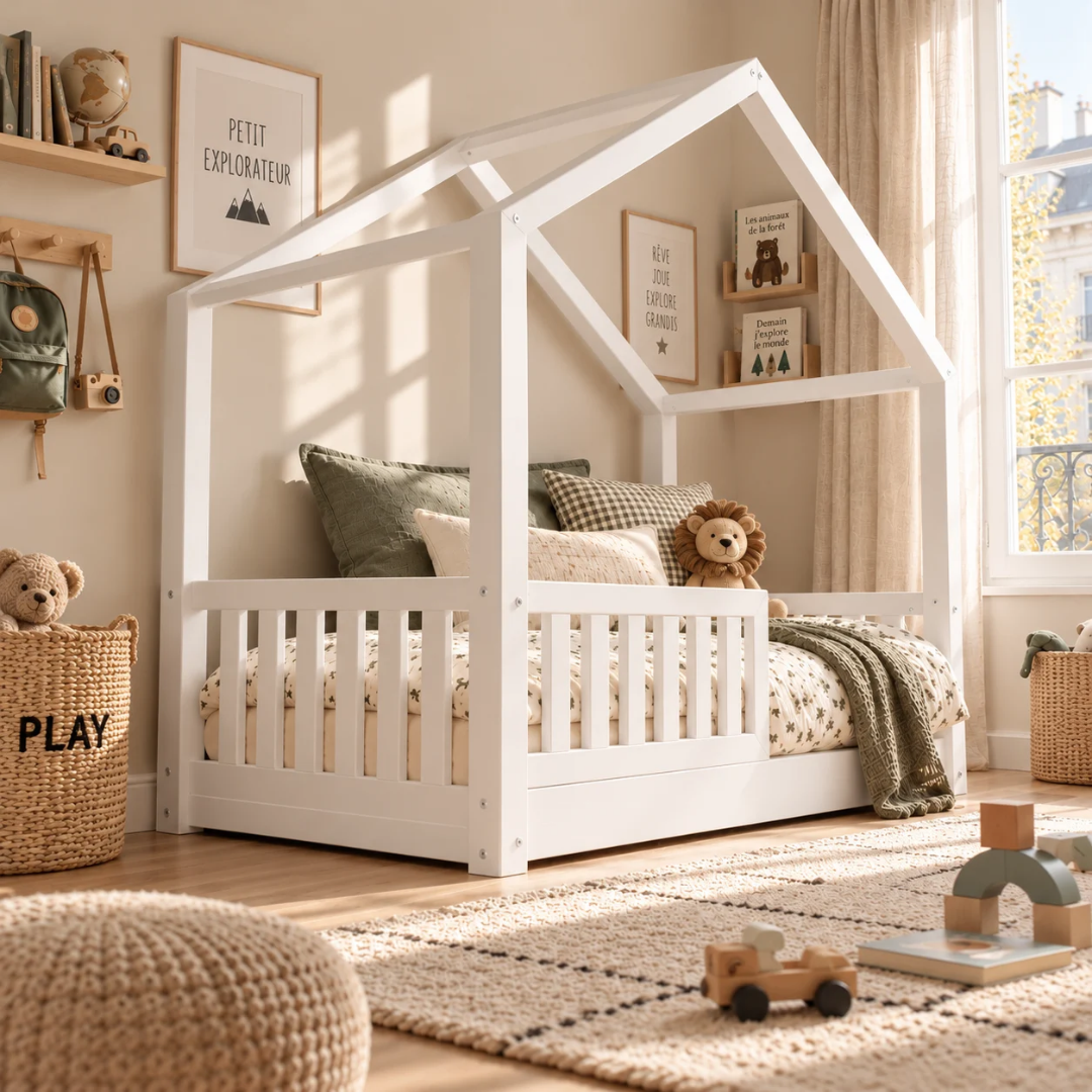 Lit cabane Montessori avec barrière Matteo Blanc