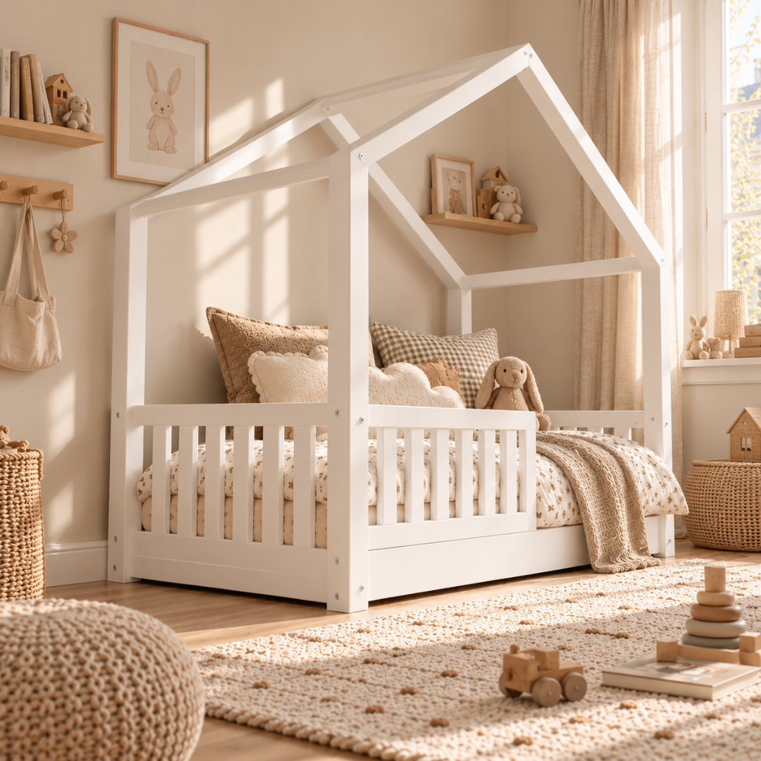 Lit cabane Montessori avec barrière Matteo Blanc