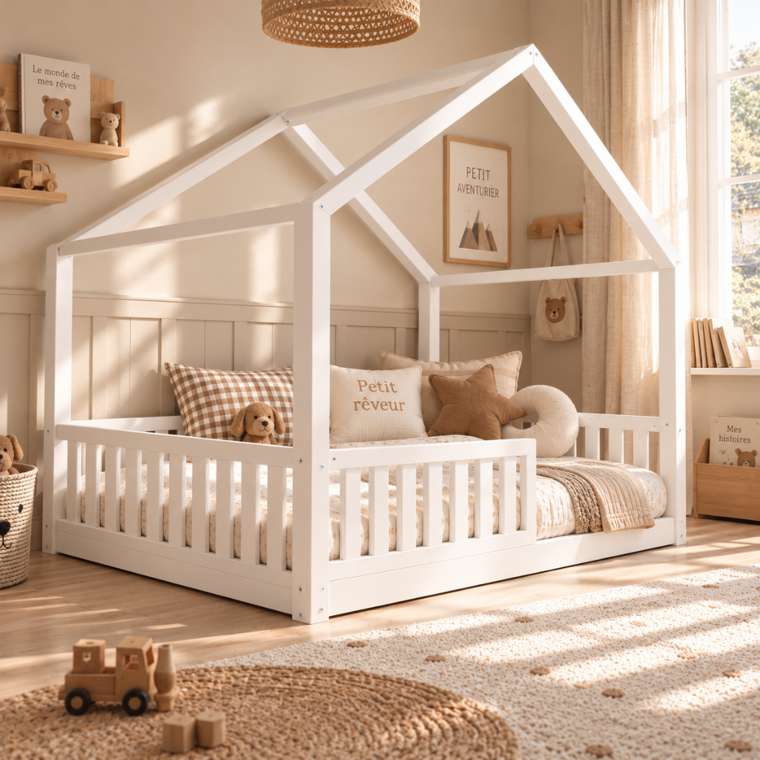 Lit cabane Montessori avec barrière Matteo Blanc