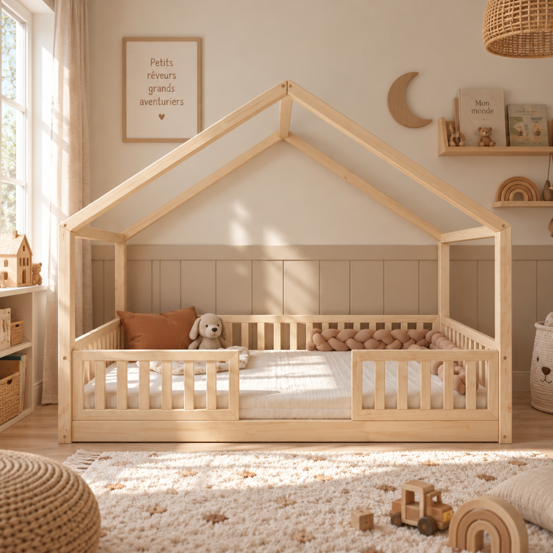 Grand lit cabane Montessori Dario avec barrière 140x200cm Entrée au milieu