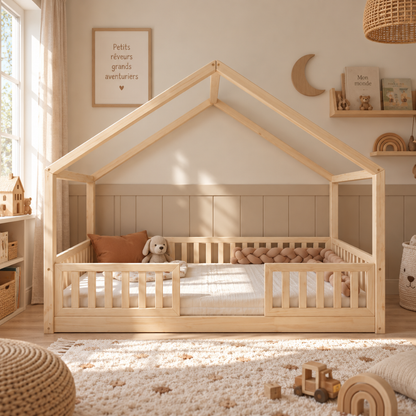 Grand lit cabane Montessori Dario avec barrière 140x200cm Entrée au milieu
