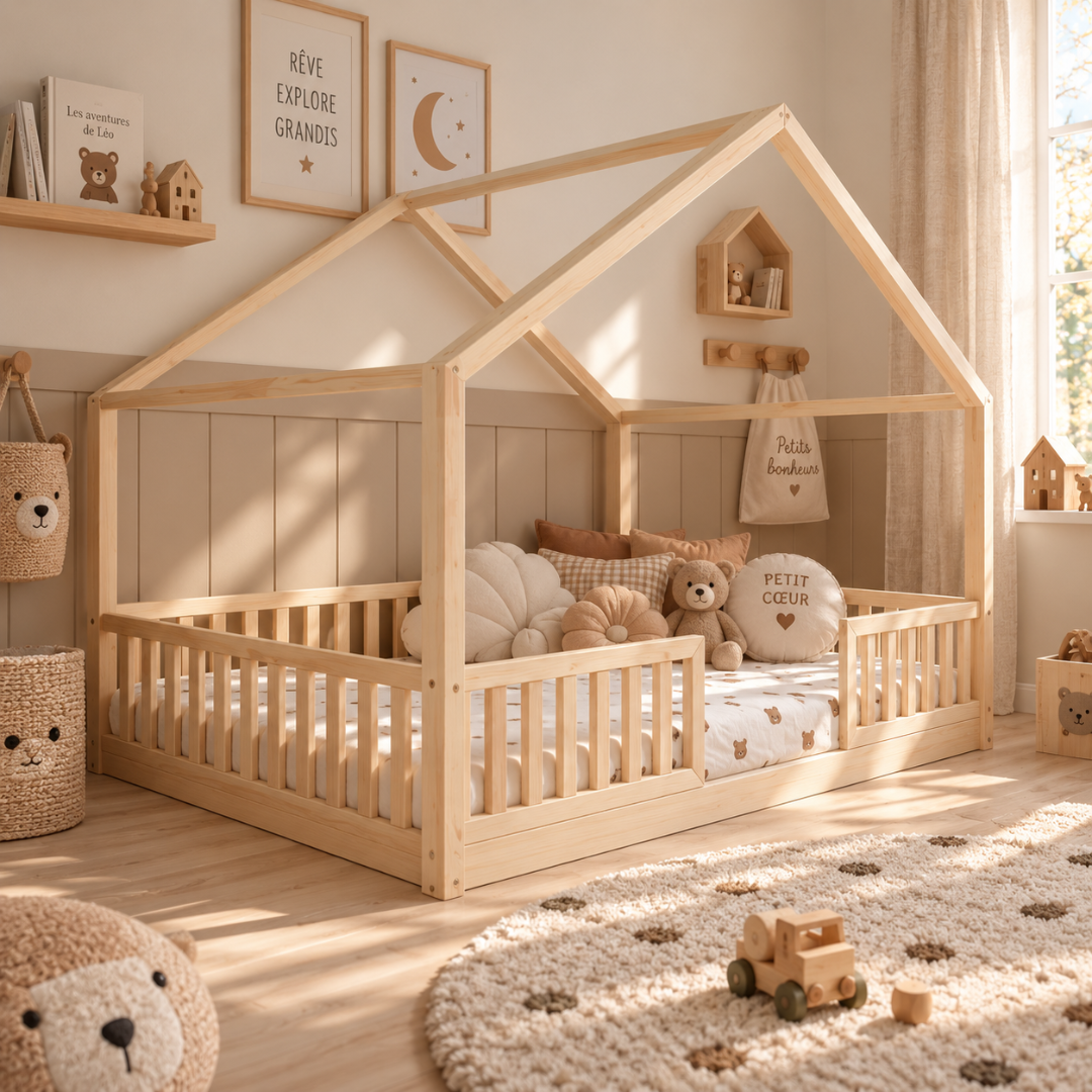 Grand lit cabane Montessori Dario avec barrière 140x200cm Entrée au milieu