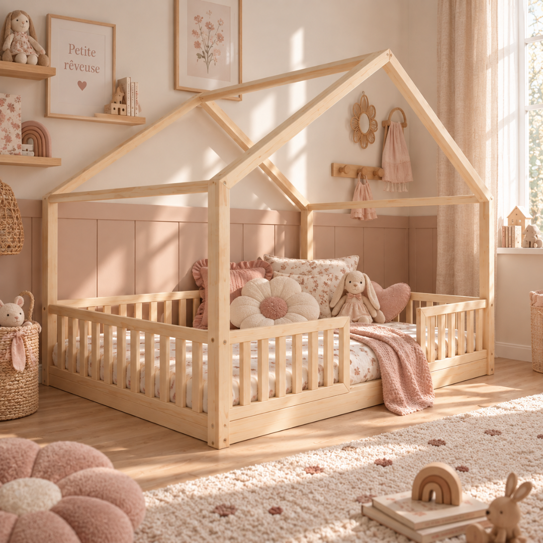 Grand lit cabane Montessori Dario avec barrière 140x200cm Entrée au milieu