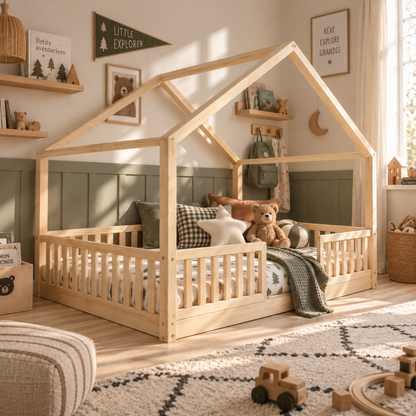 Grand lit cabane Montessori Dario avec barrière 140x200cm Entrée au milieu