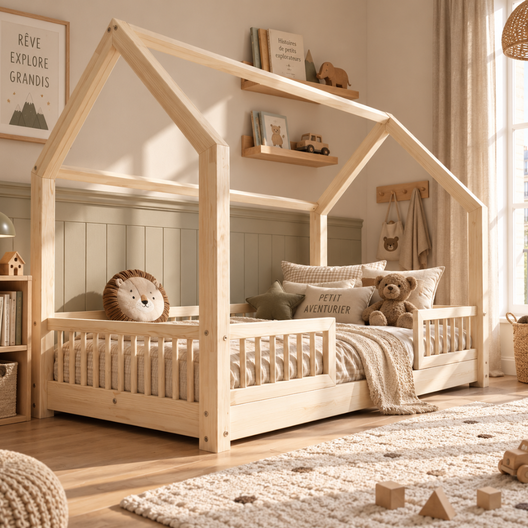 Lit cabane Montessori avec barrière Paola 80x160cm Entrée au milieu
