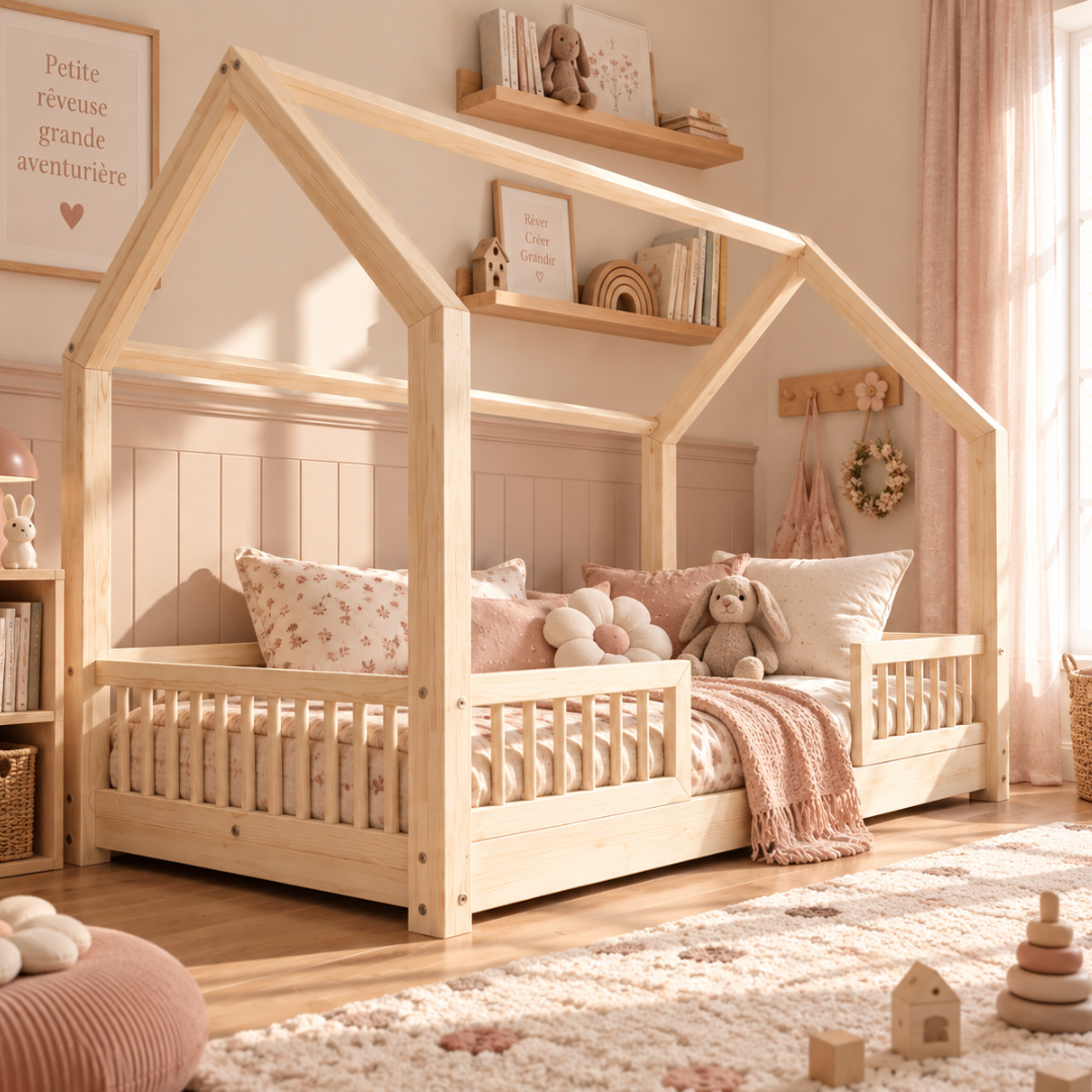 Lit cabane Montessori avec barrière Paola 80x160cm Entrée au milieu