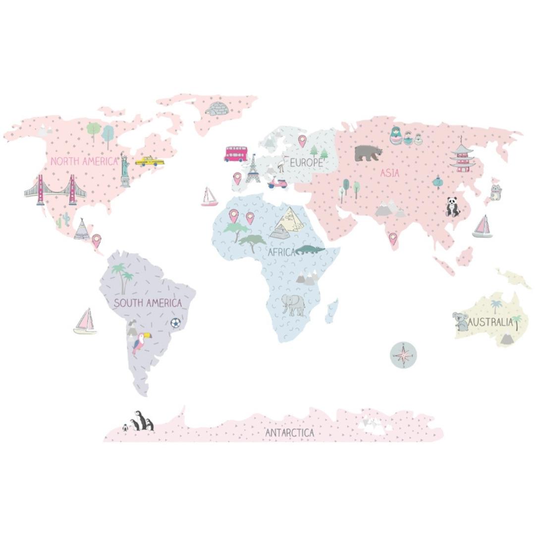 Sticker Enfant Carte Monde Rose