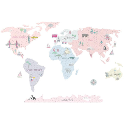 Sticker Enfant Carte Monde Rose