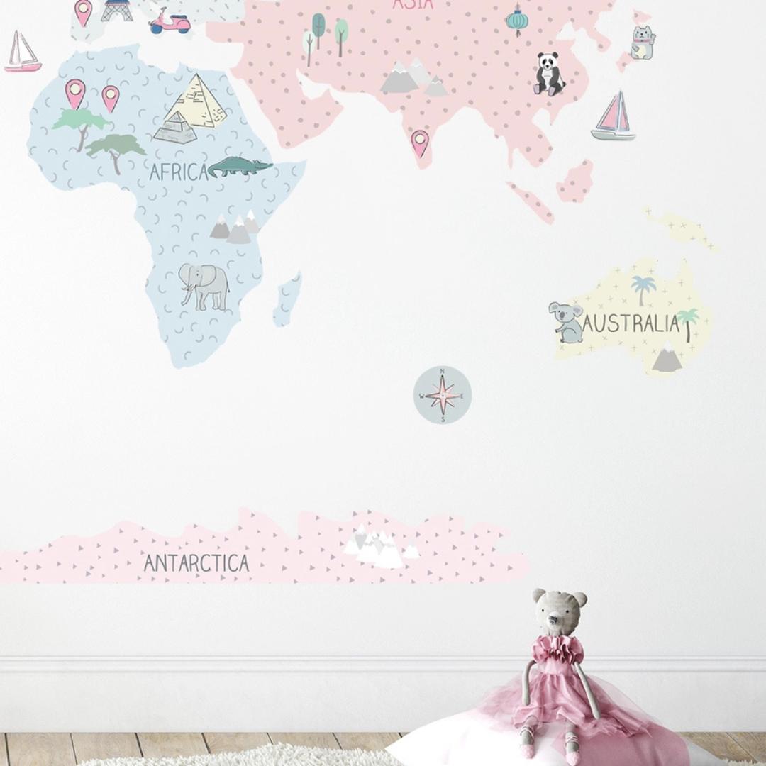 Sticker Enfant Carte Monde Rose