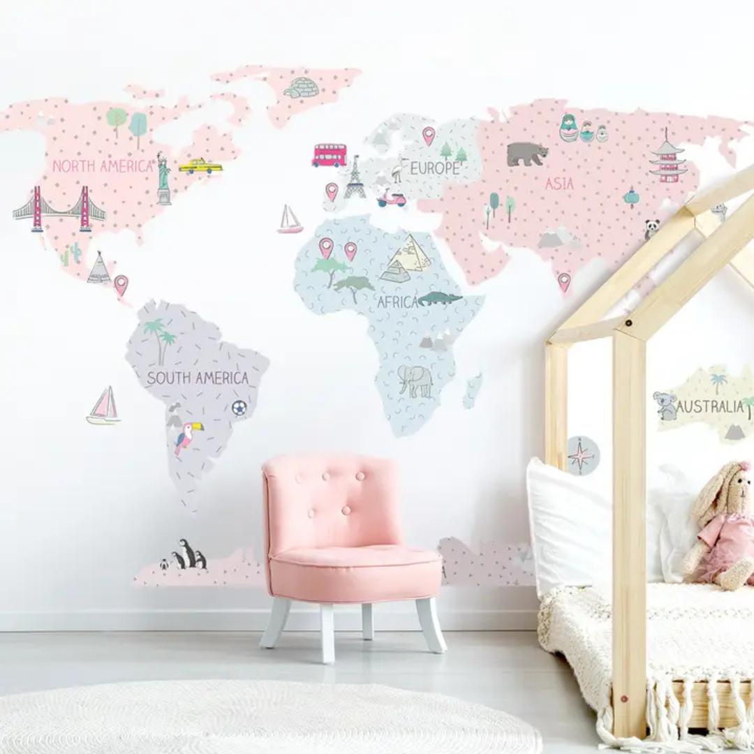 Sticker Enfant Carte Monde Rose