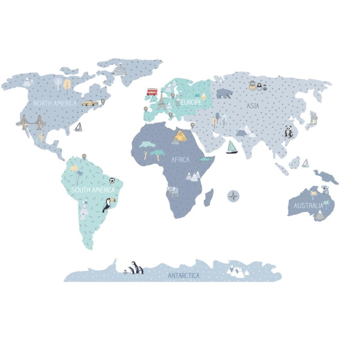 Sticker Enfant Carte Monde Bleu