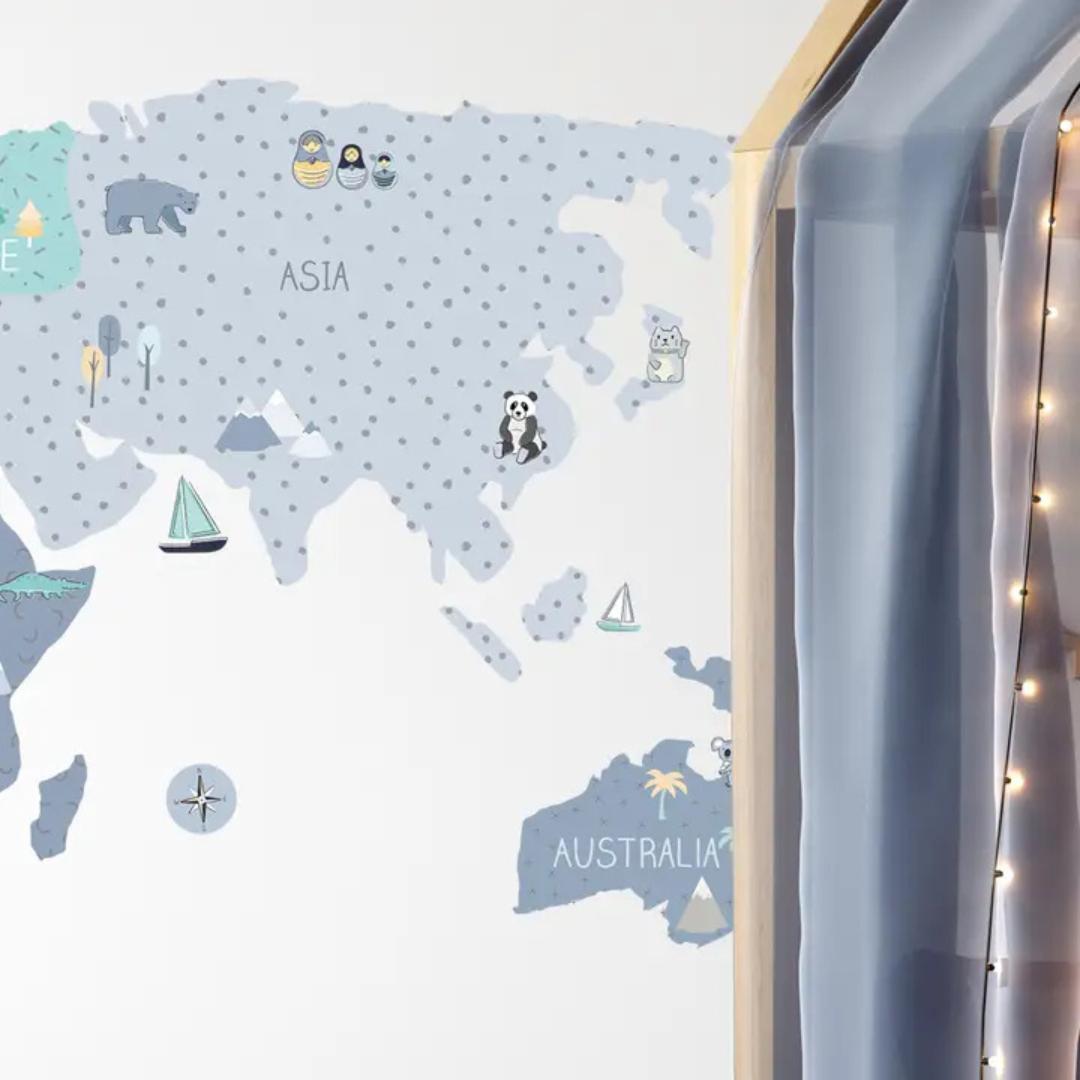 Sticker Enfant Carte Monde Bleu