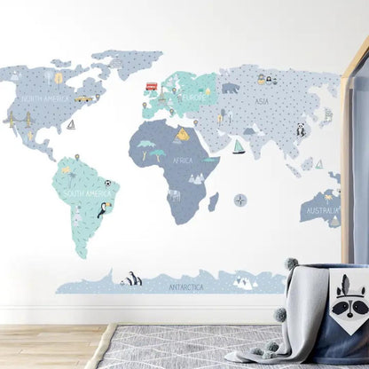 Sticker Enfant Carte Monde Bleu