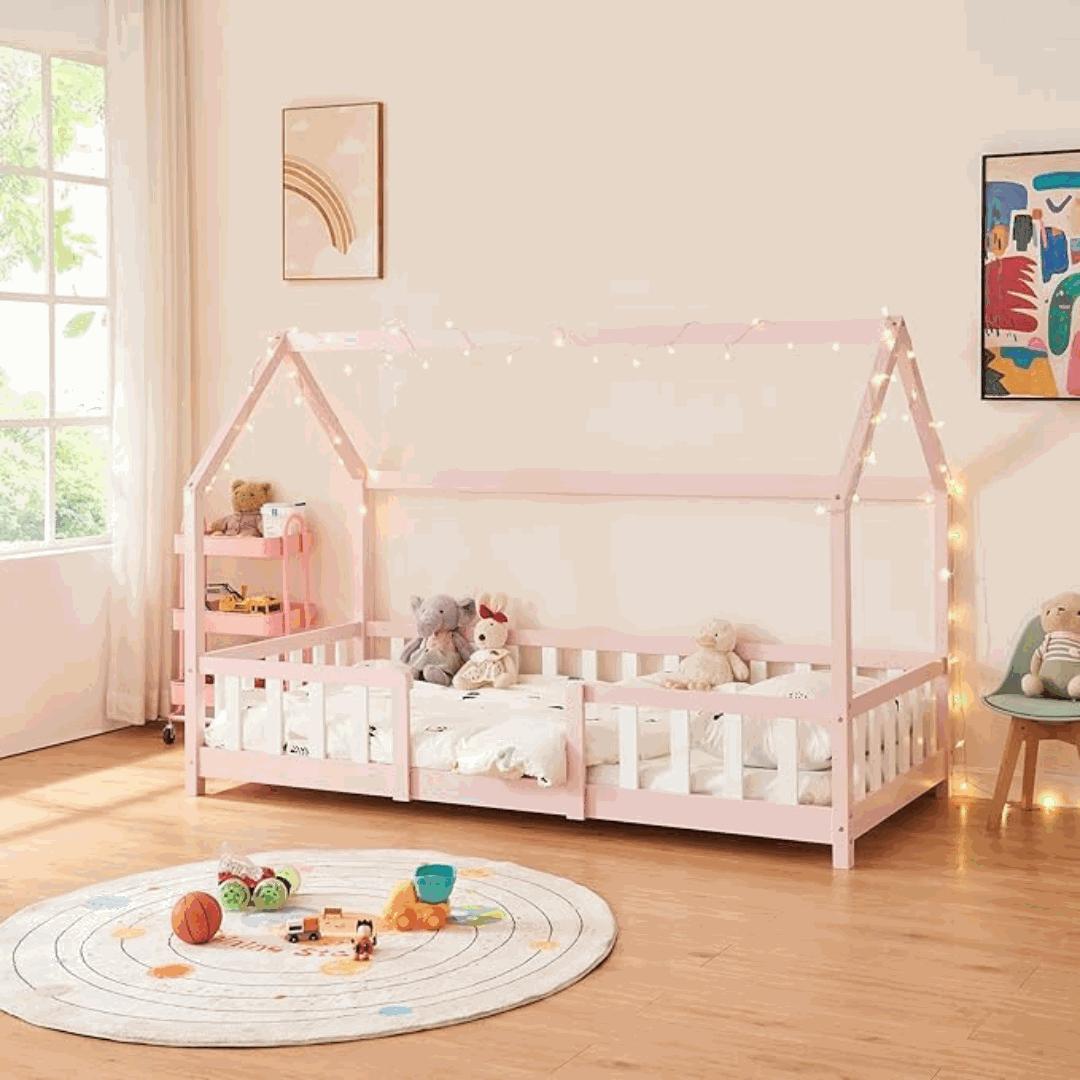 Lit cabane rose avec barrière 90x200cm