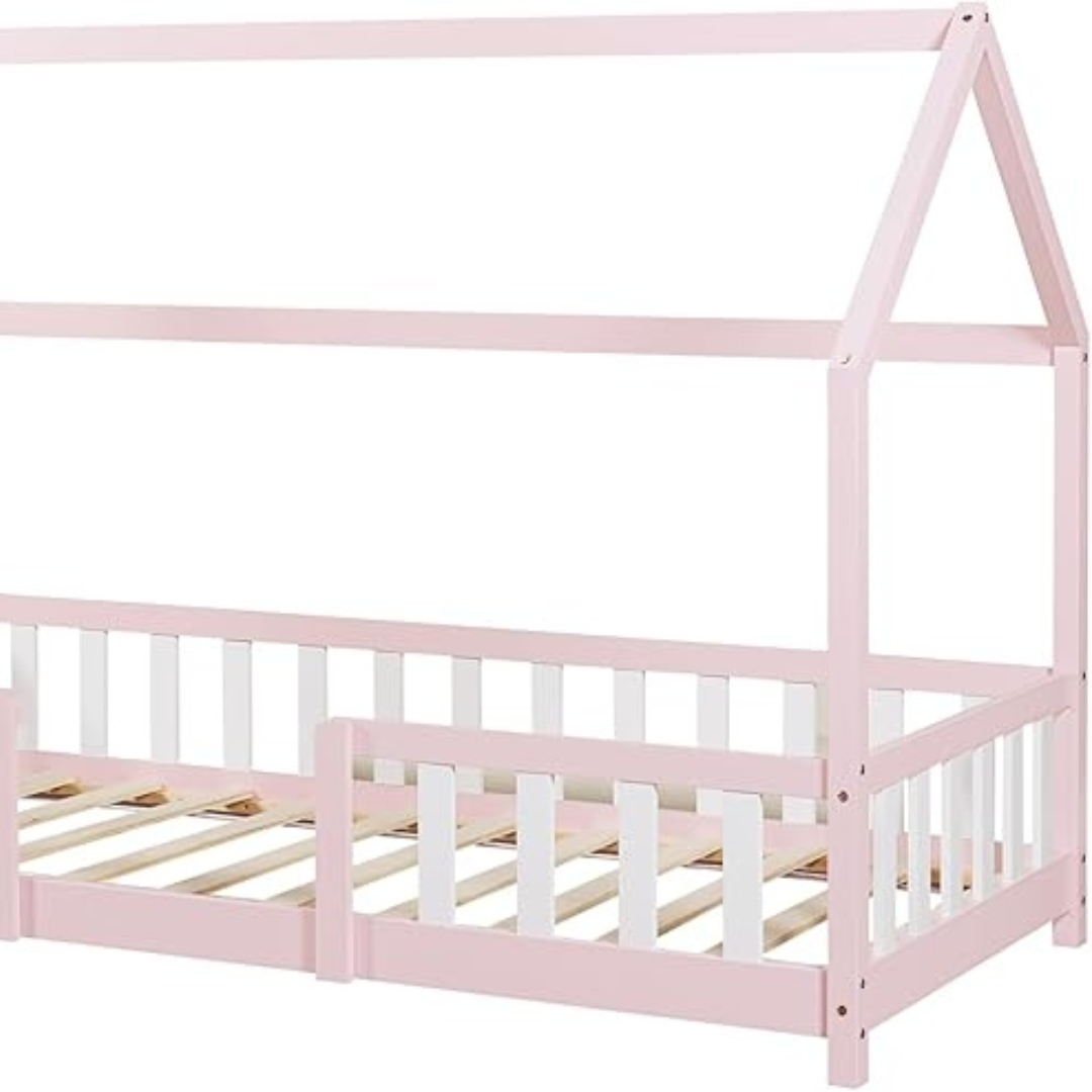 Lit cabane rose avec barrière 90x200cm