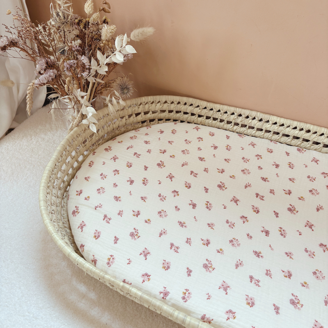 Panier à langer + matelas + housse double gaze fleurie Hava