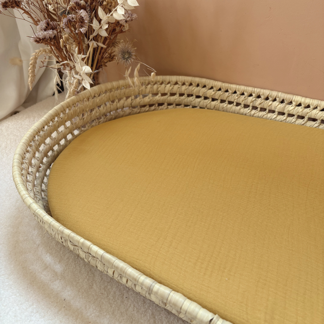 Panier à langer + matelas + housse double gaze jaune moutarde