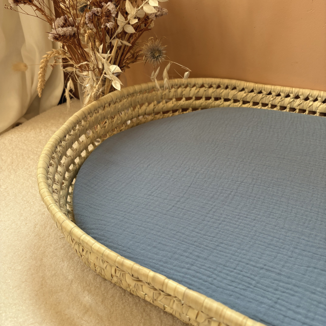 Panier à langer + matelas + housse double gaze bleu jean