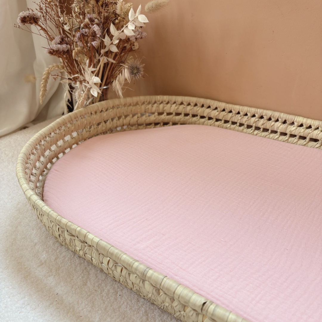 Panier à langer + matelas + housse double gaze rose blush