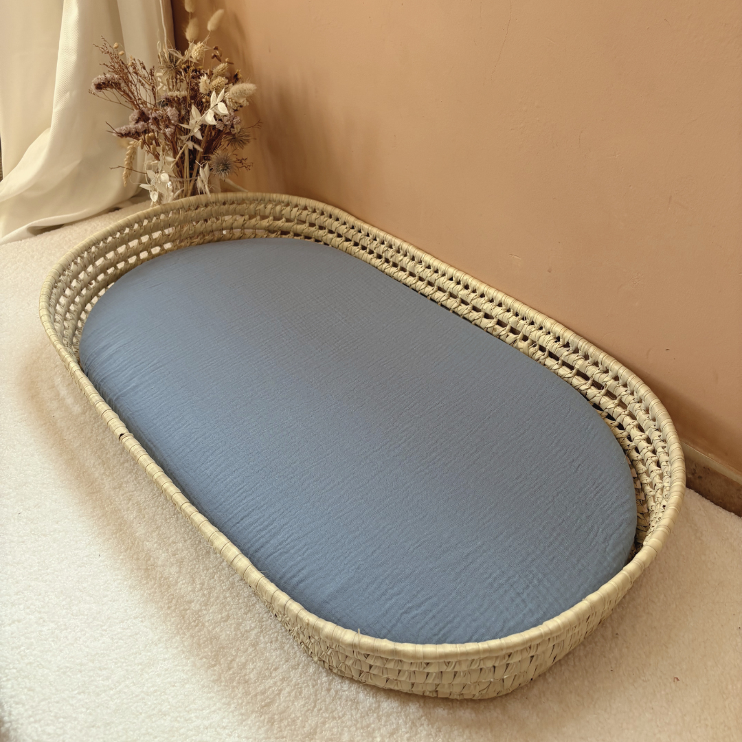 Panier à langer + matelas + housse double gaze bleu jean