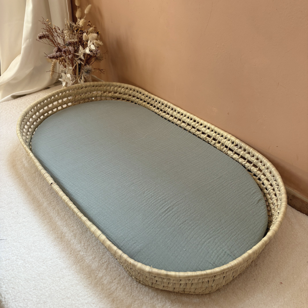 Panier à langer + matelas + housse double gaze vert de gris