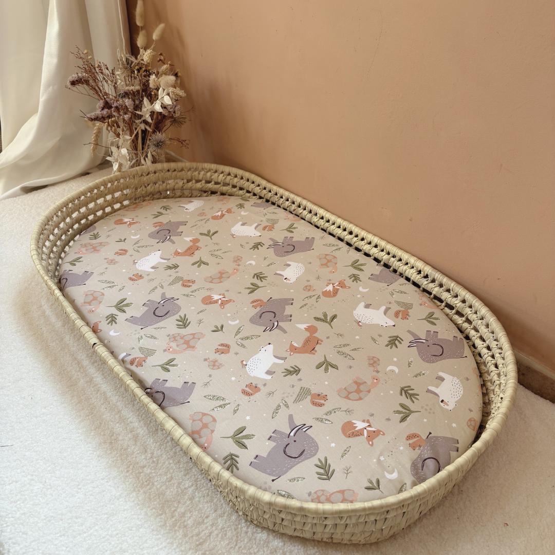 Panier à langer + matelas + housse animaux beige