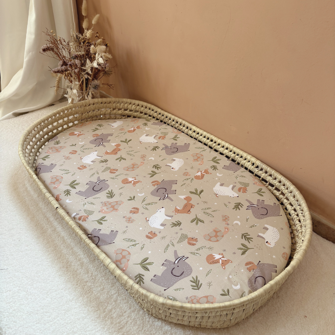 Panier à langer + matelas + housse animaux beige