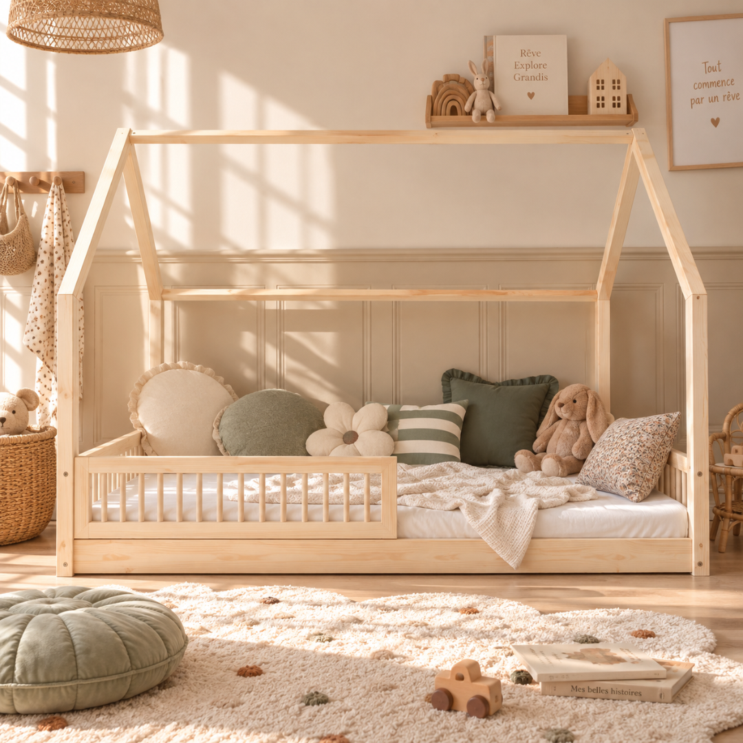 Grand lit cabane Montessori Pia avec barrière 140x200cm