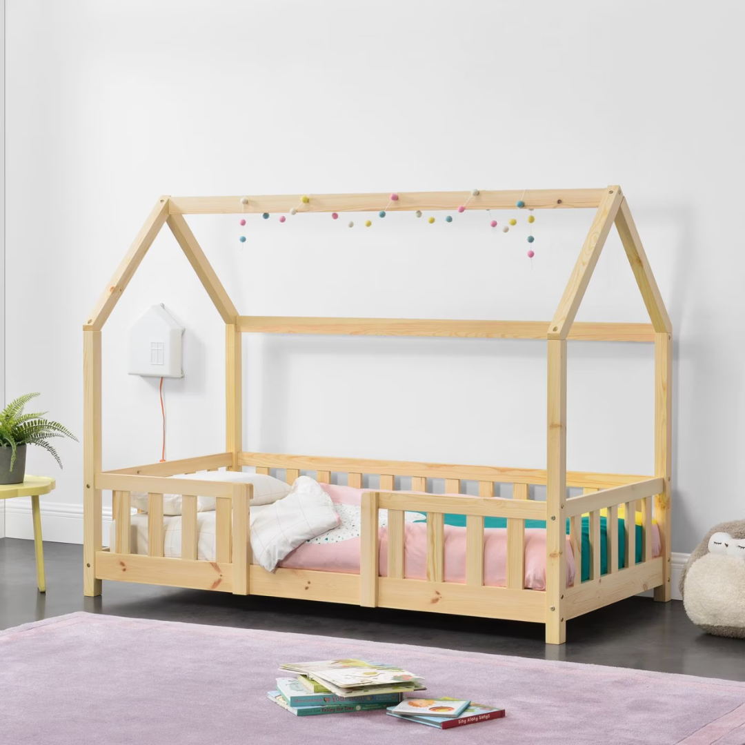 Lit cabane avec barrière - 80x160cm - Bois naturel