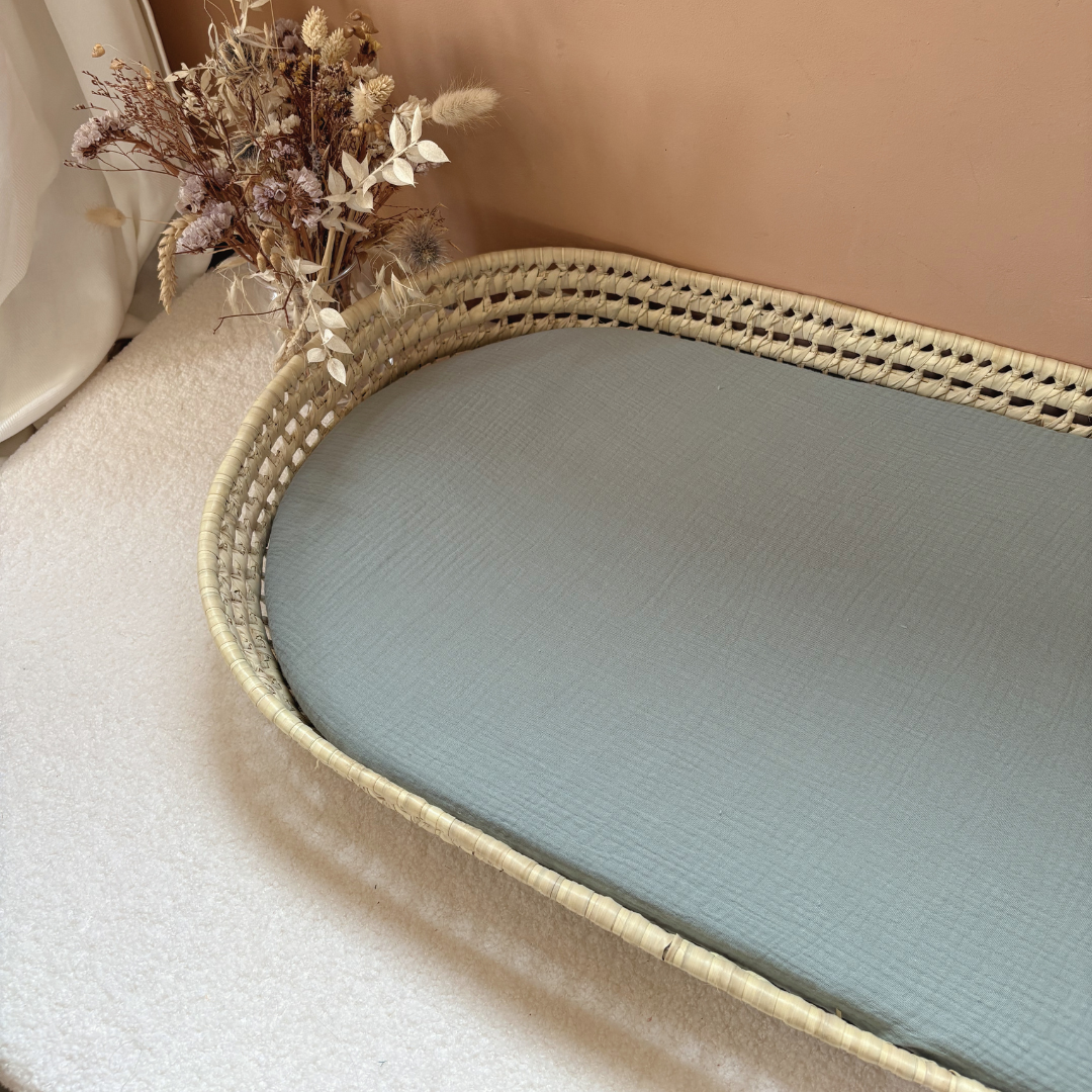 Panier à langer + matelas + housse double gaze vert de gris