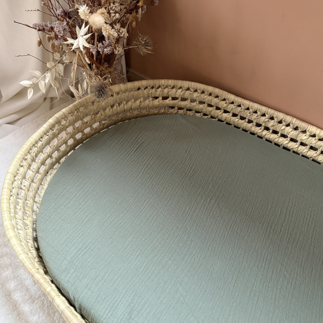 Panier à langer + matelas + housse double gaze vert kaki