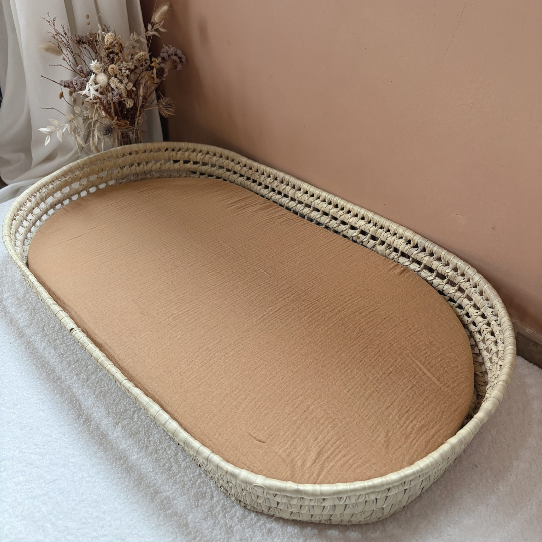Panier à langer + matelas + housse double gaze camel