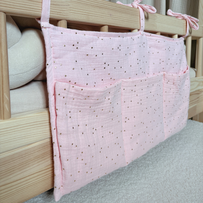 Pochette de rangement lit - Rose blush pois dorés