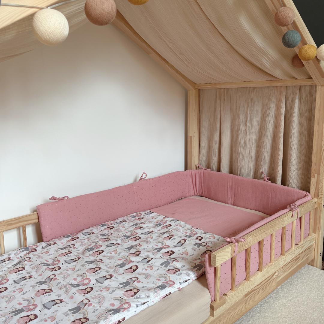 Tour de lit cabane double gaze rose pois dorés