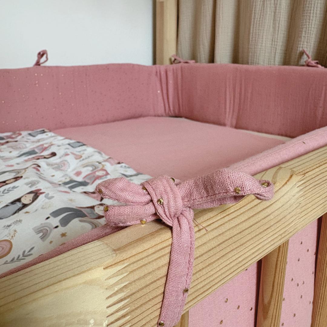 Tour de lit cabane double gaze rose pois dorés