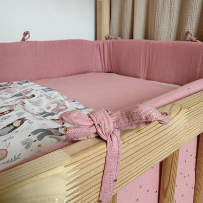 Tour de lit cabane double gaze rose pois dorés