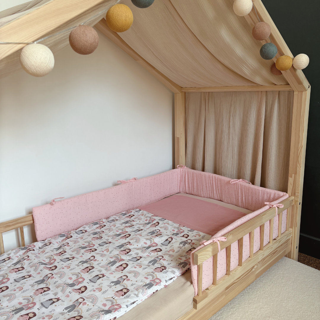 Tour de lit cabane double gaze rose blush pois dorés