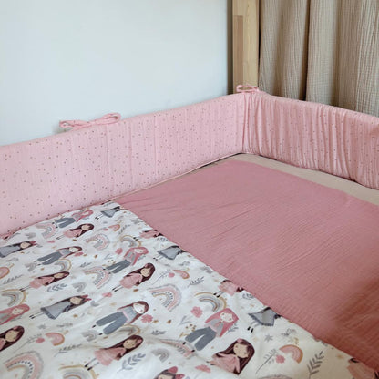 Tour de lit cabane double gaze rose blush pois dorés