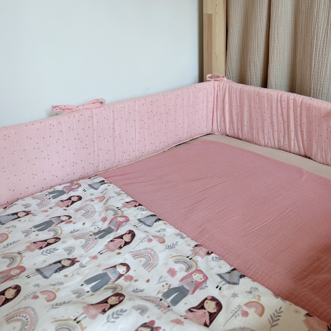 Tour de lit cabane double gaze rose blush pois dorés