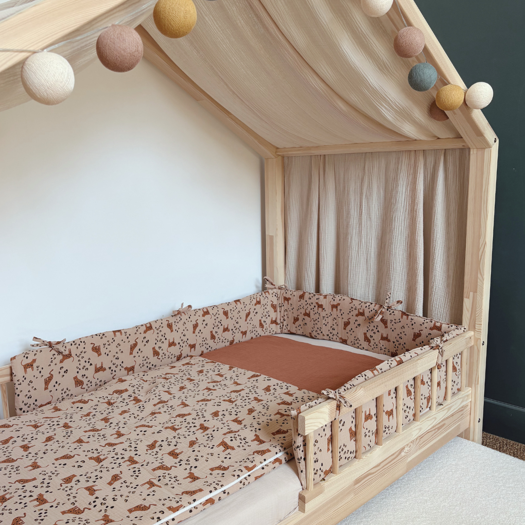 Tour de lit cabane double gaze Leopard beige